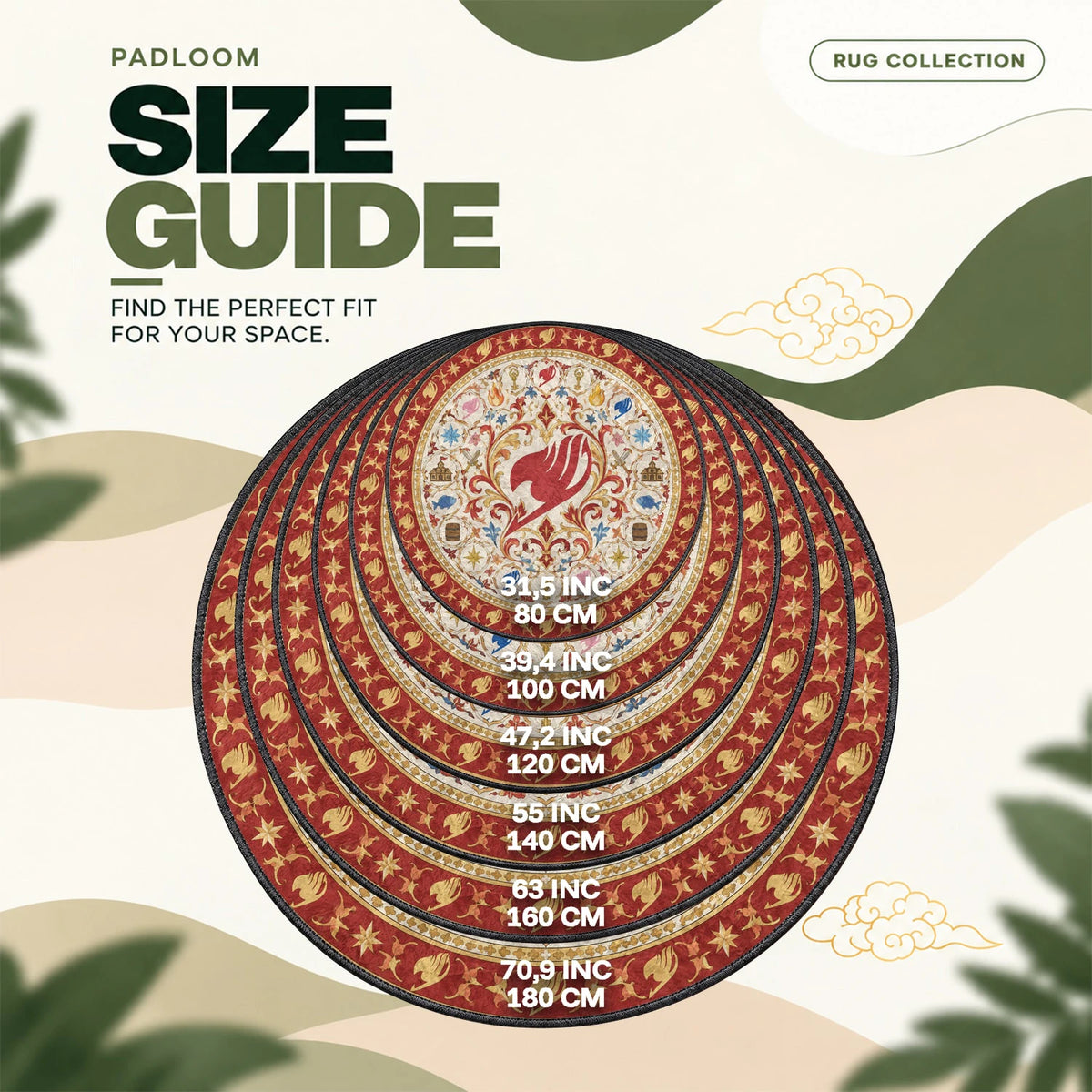 Guild Emblem Crimson round rug size guide, 80 to 180 cm (31.5 to 70.9 in)