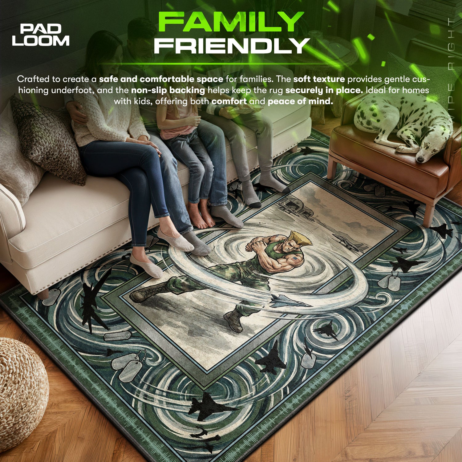 Guile area rug showing full home decor artwork