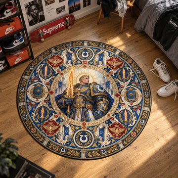Guilliman Ember Warhammer 40K round rug in a styled room - Warhammer 40K chair mat