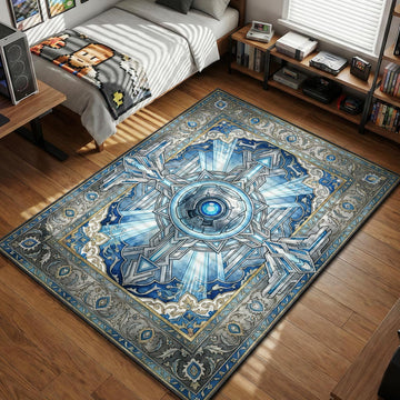 343 Guilty Spark Monitor blue eye center with silver Forerunner geometric patterns in a royal tapestry style gaming area rug and floor mat