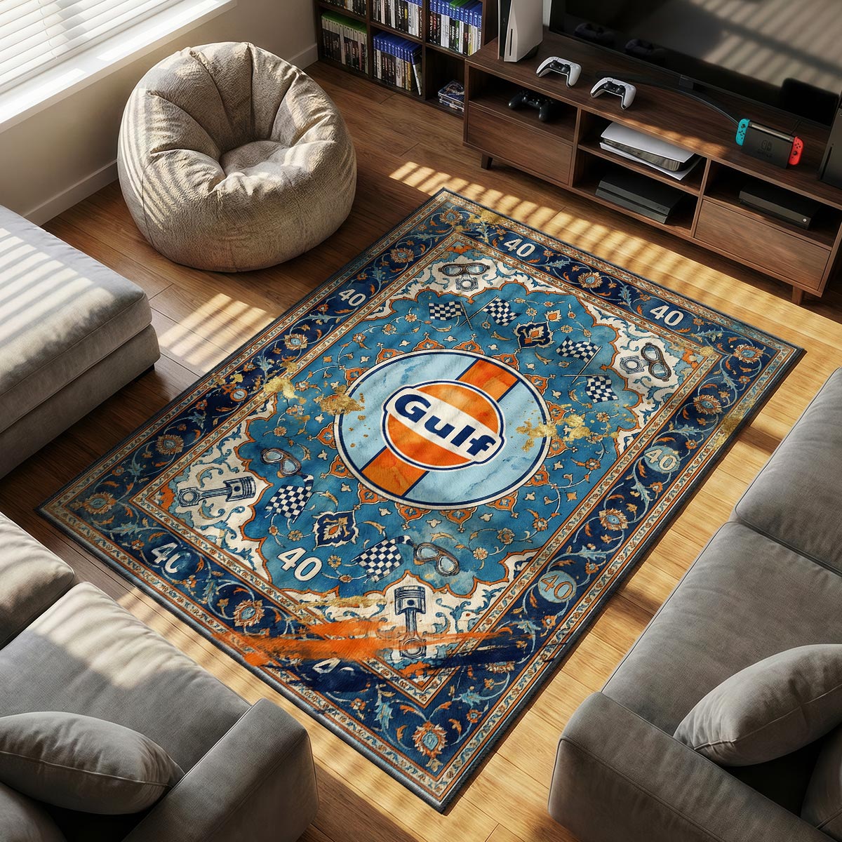 Gulf Racing themed area rug for home decor fans