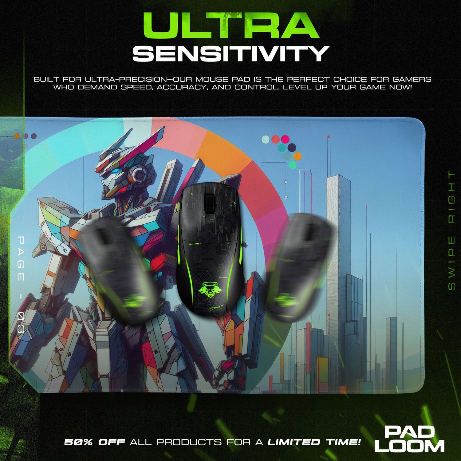 Gundam Neon Skyline Mouse Pad, Anime Gaming Desk Mat Padloom