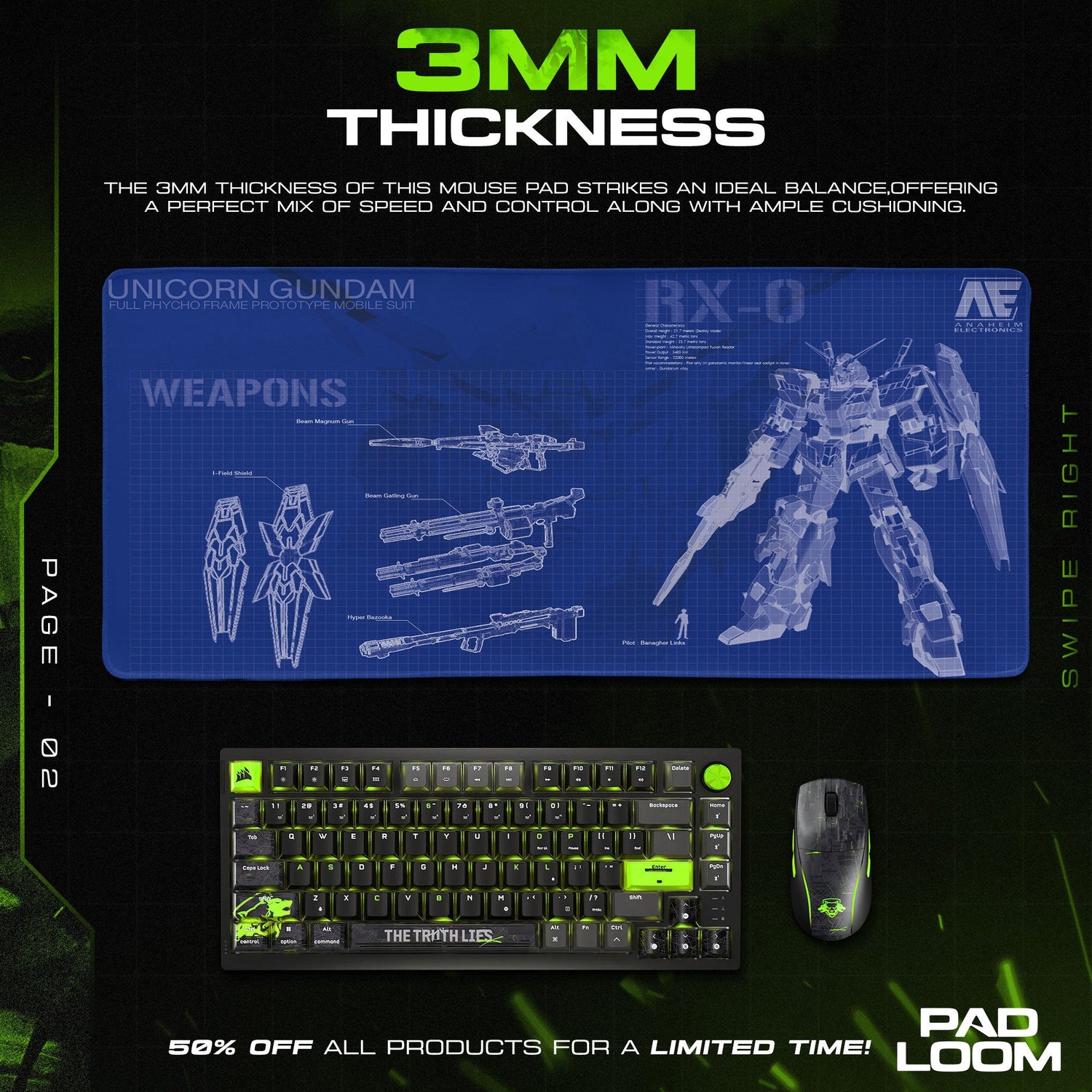 Gundam Unicorn Blueprint Mouse Pad, Anime Mecha Desk Mat Padloom