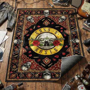 Guns N' Roses crossed revolvers logo area rug with skulls bullets and barbed wire on black crimson tapestry