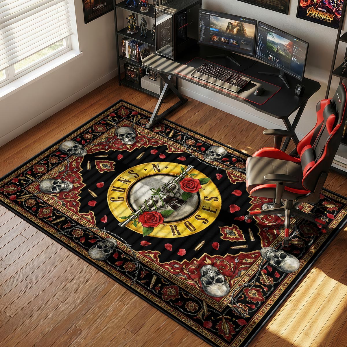 Guns N' Roses rock rug placed in a dark living room with warm lighting and music memorabilia