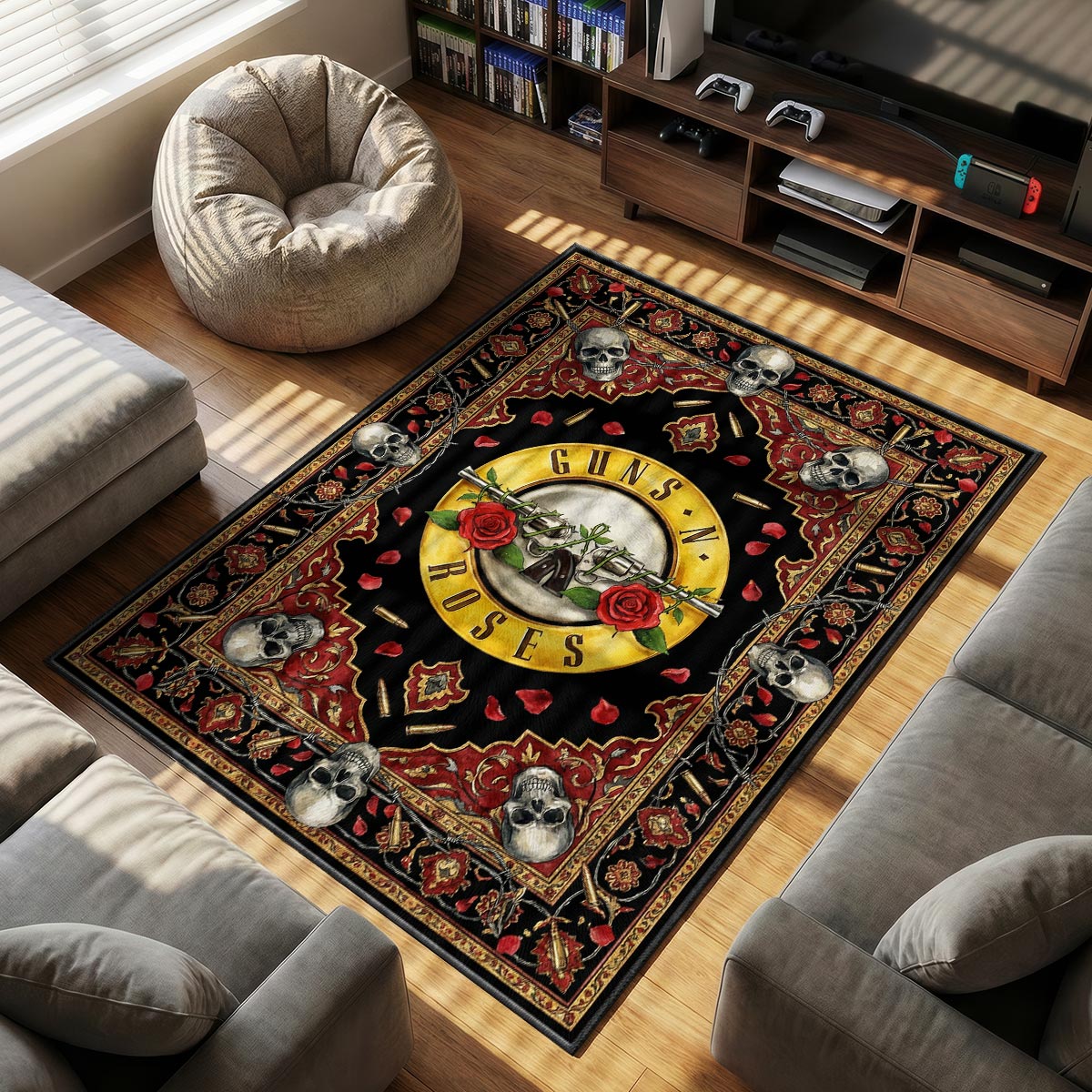 Close-up of Guns N' Roses rug showing golden seal detail and rose petal dye-sublimation print on velvet