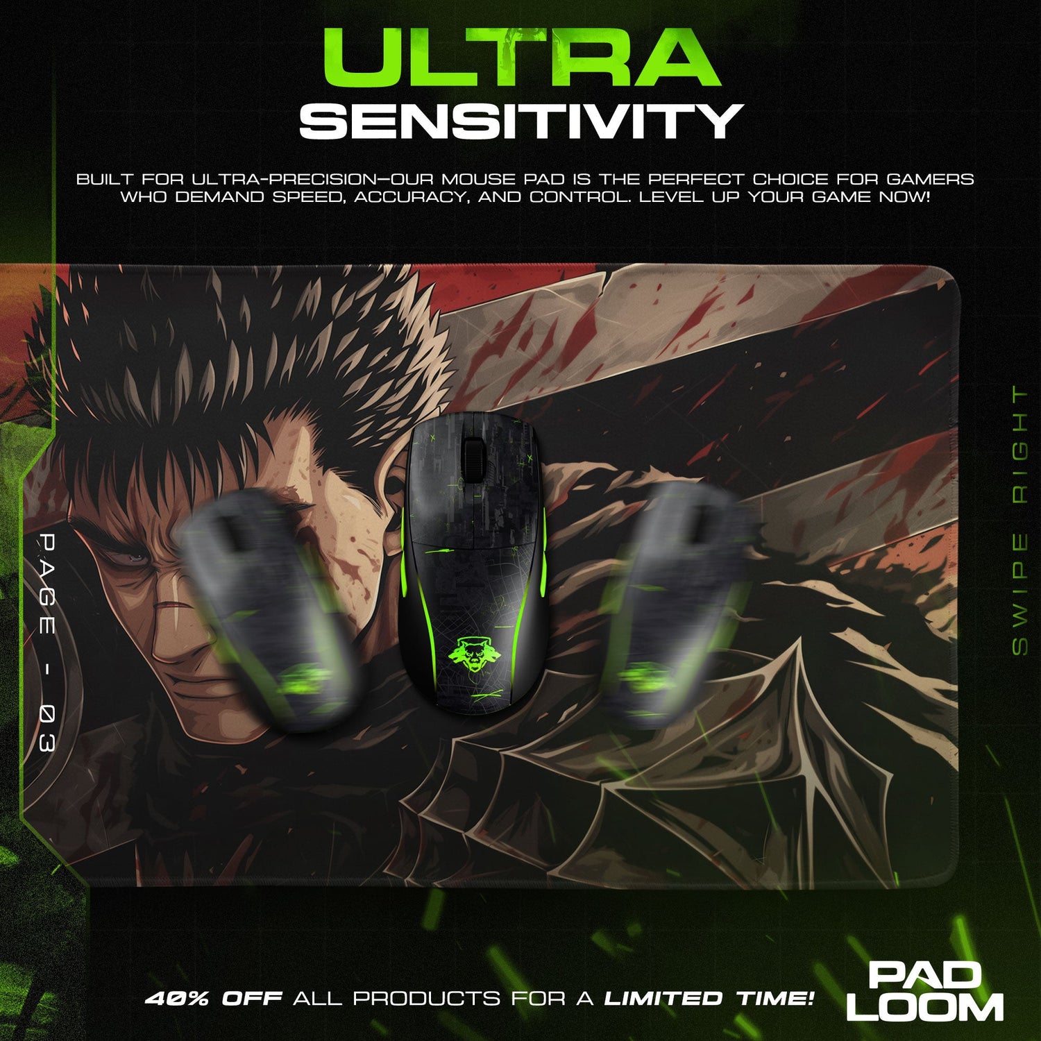 Guts Berserk Mouse Pad, Berserk Anime Gaming Desk Mat Padloom