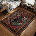 Guts in Berserker Armor kneeling with Dragon Slayer sword in a gothic tapestry art style area rug and floor mat