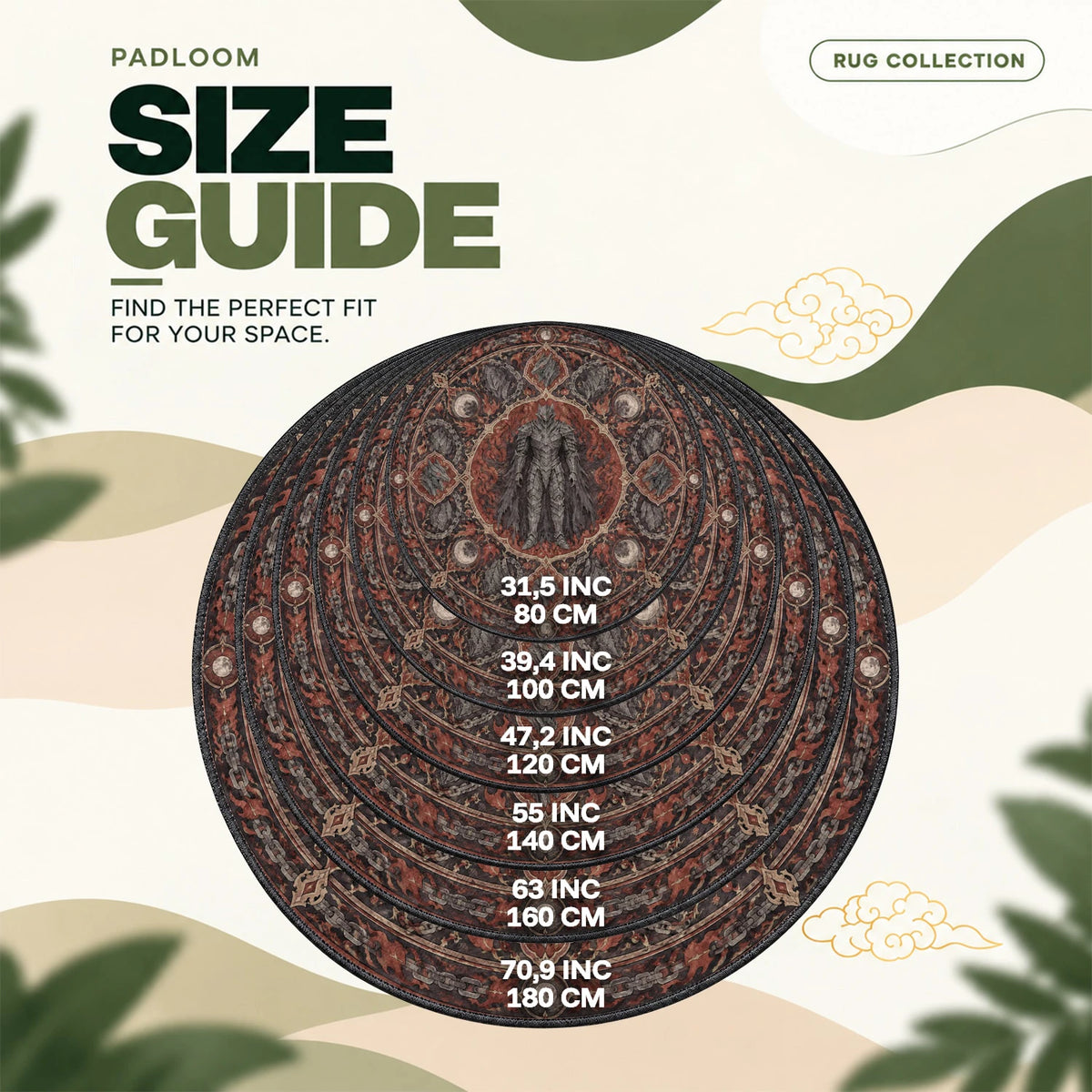 Guts Berserker round rug size guide, 80 to 180 cm (31.5 to 70.9 in)