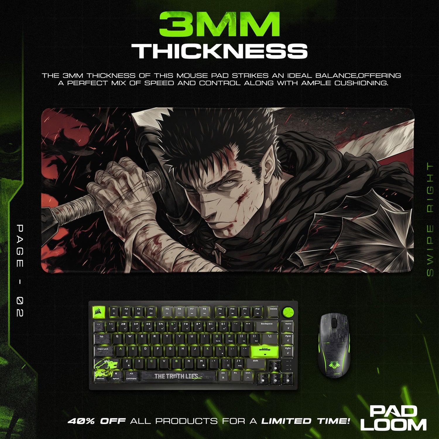 Guts Black Swordsman Mouse Pad, Berserk Anime Gaming Desk Mat Padloom