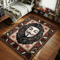 Guy Fawkes mask surrounded by red roses tumbling dominoes and silver daggers ornate dystopian art style movie themed area rug and home theater mat