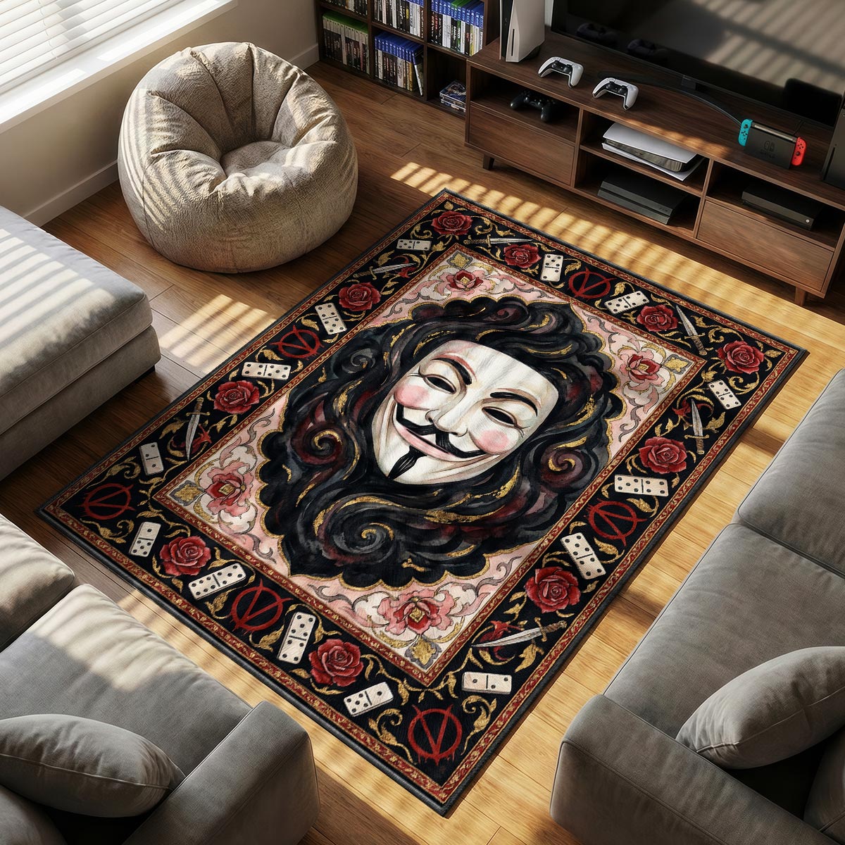 Guy Fawkes themed area rug for home decor fans