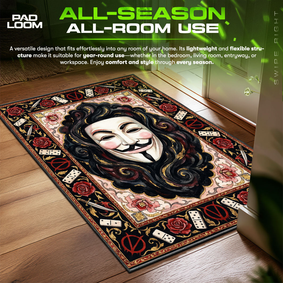 Guy Fawkes Rebellion V Vendetta Room fan rug — premium quality print