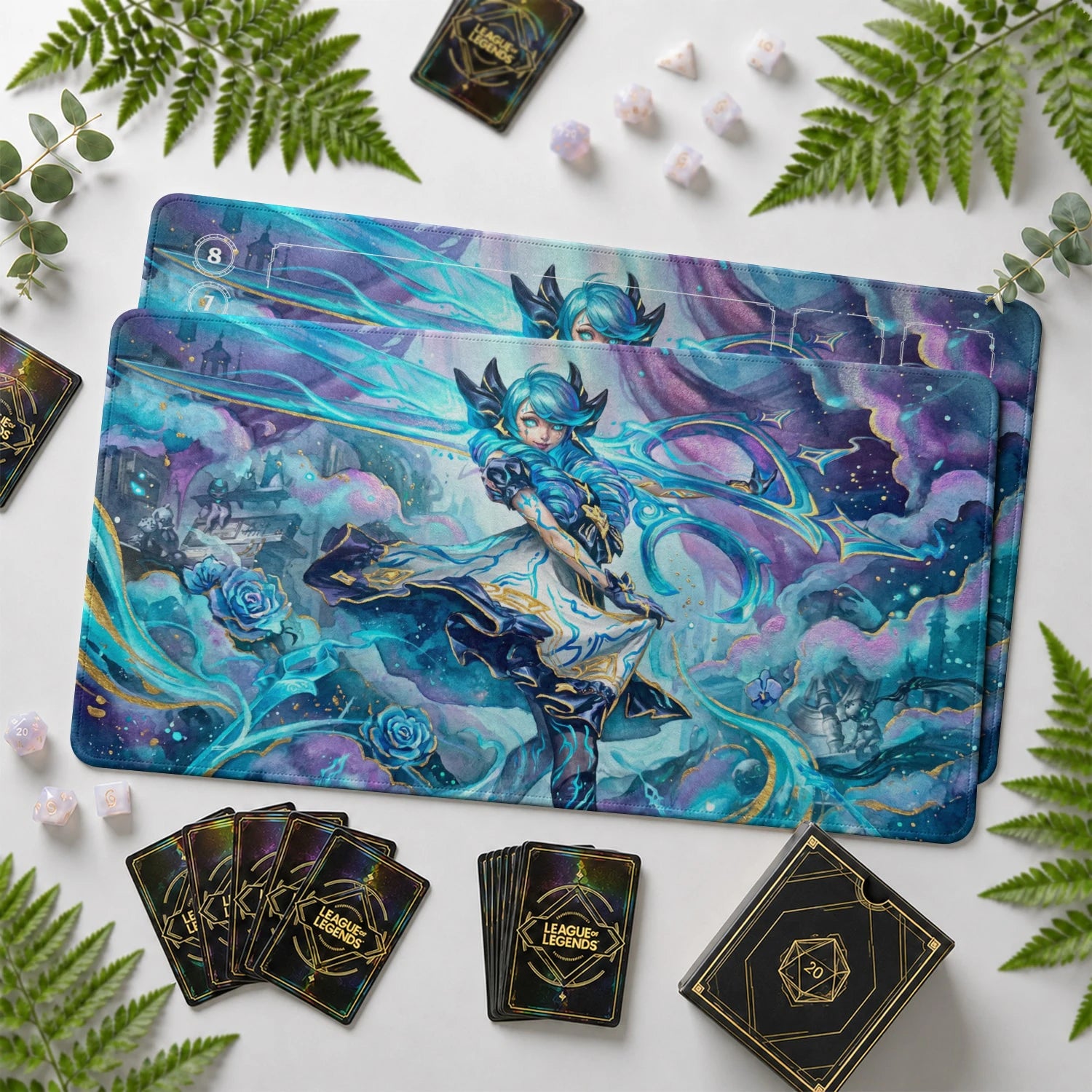 Gwen Bloom Riftbound TCG playmat with card zones and score track – LoL game mat