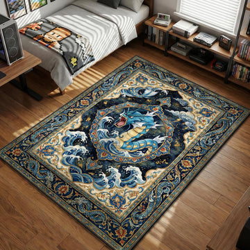 Gyarados roaring amidst crashing waves and lightning in a traditional blue and gold Persian pattern area rug and floor mat