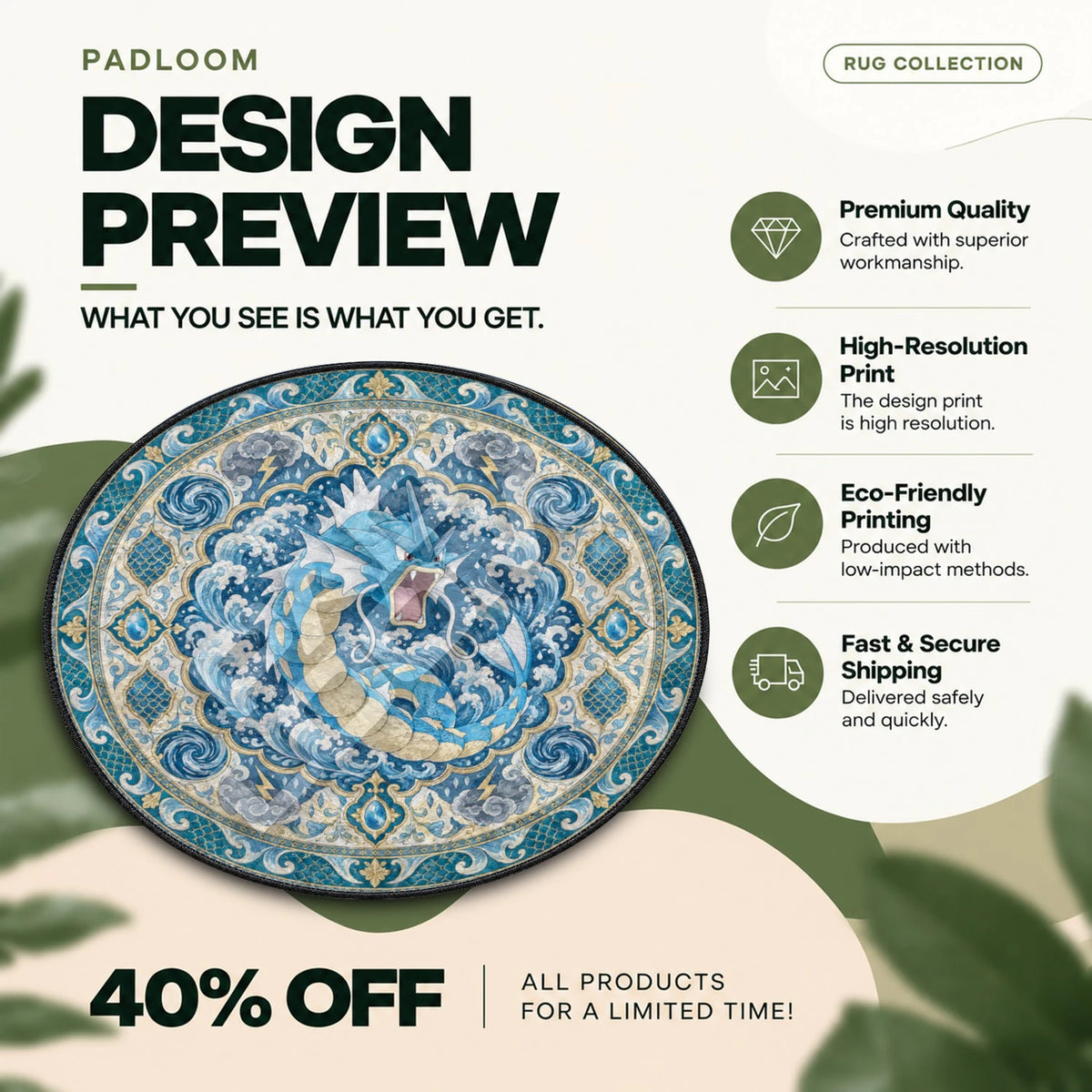 Gyarados Roaring Pokemon round rug full design preview