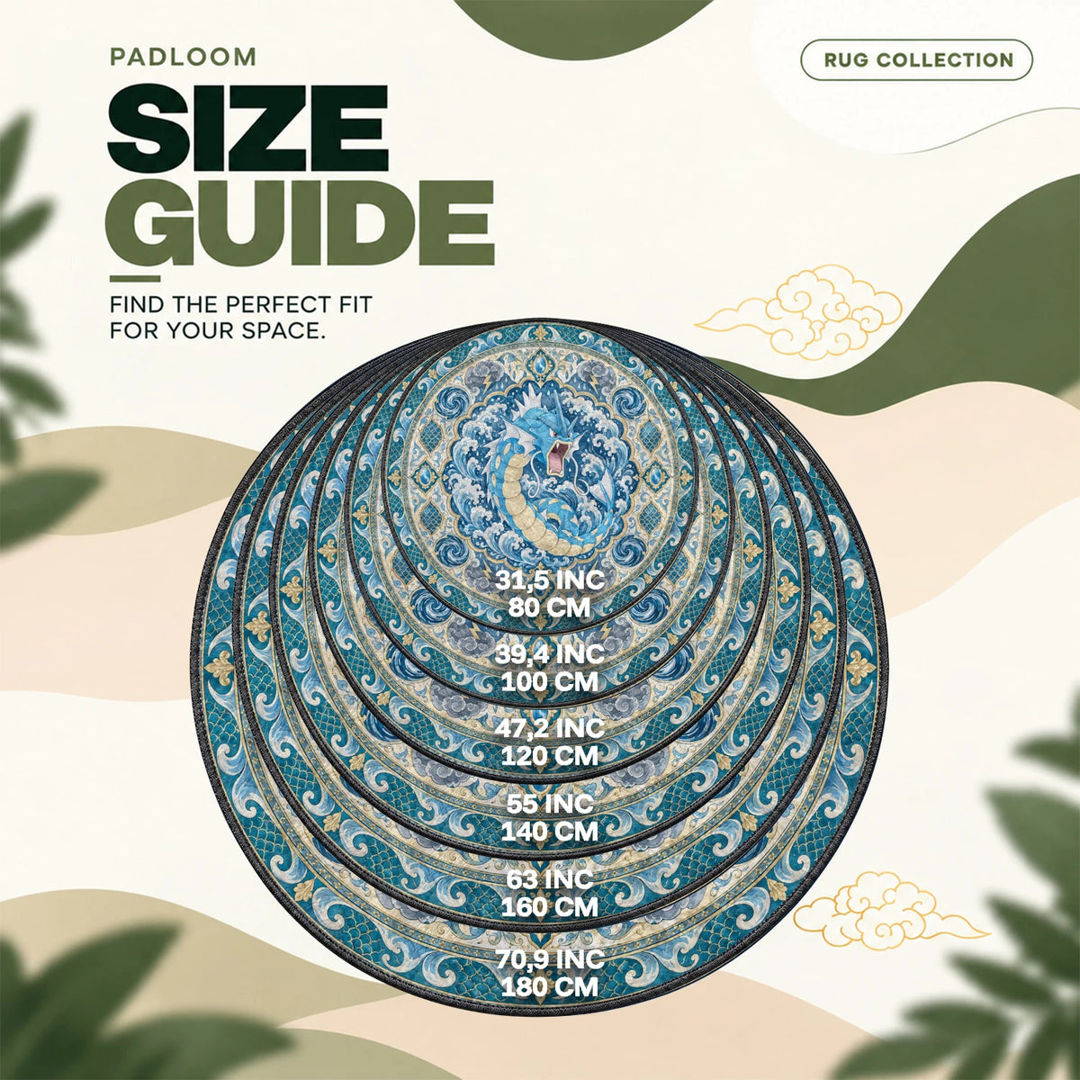 Gyarados Roaring round rug size guide, 80 to 180 cm (31.5 to 70.9 in)