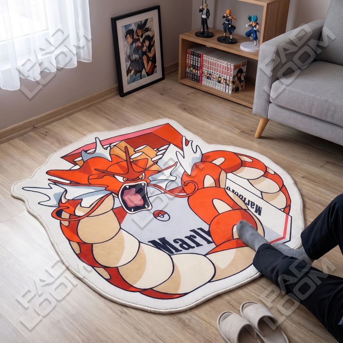 Gyarados shaped rug shown in a room setting