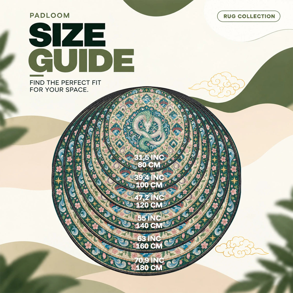 Haku Coiled round rug size guide, 80 to 180 cm (31.5 to 70.9 in)