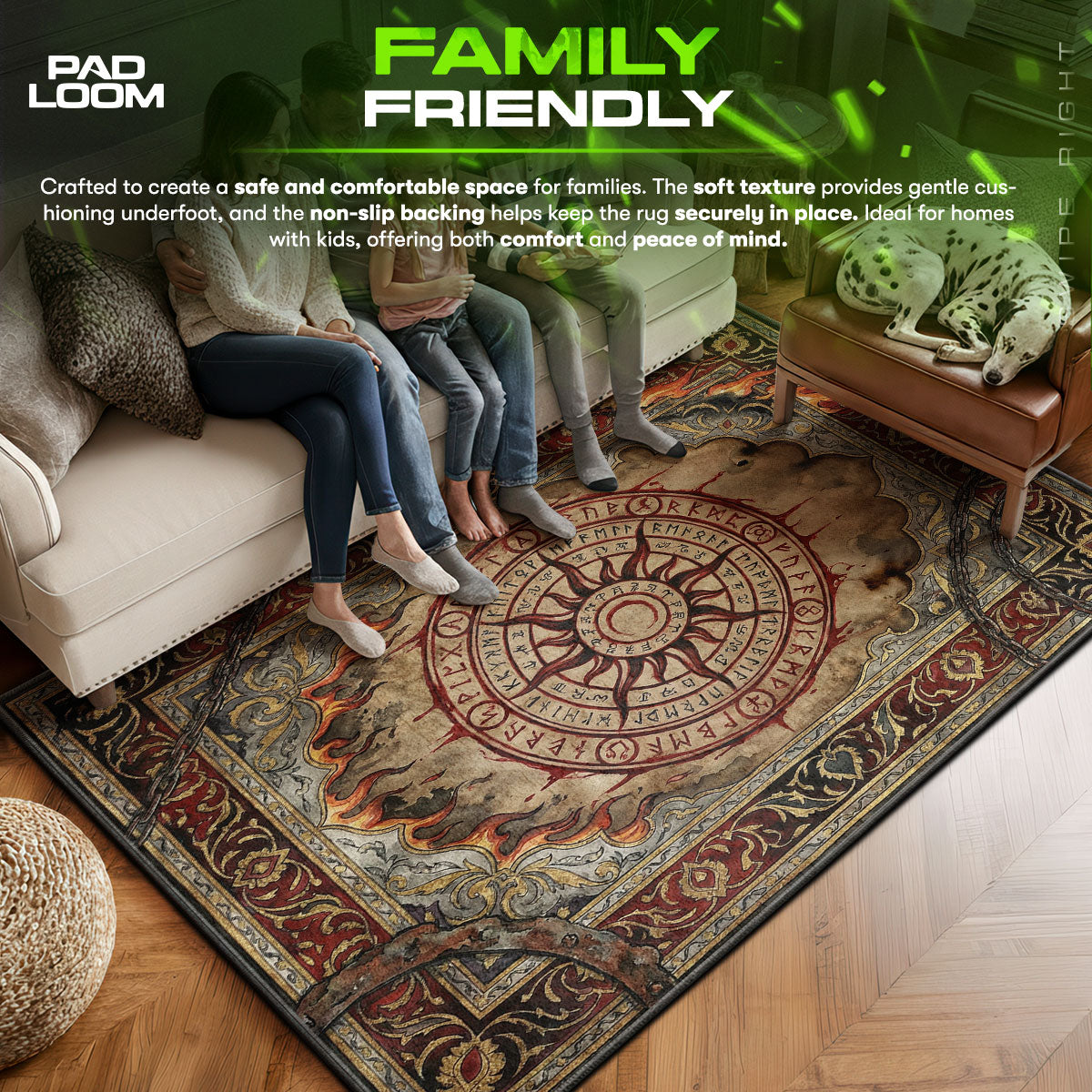 Halo area rug showing full home decor artwork
