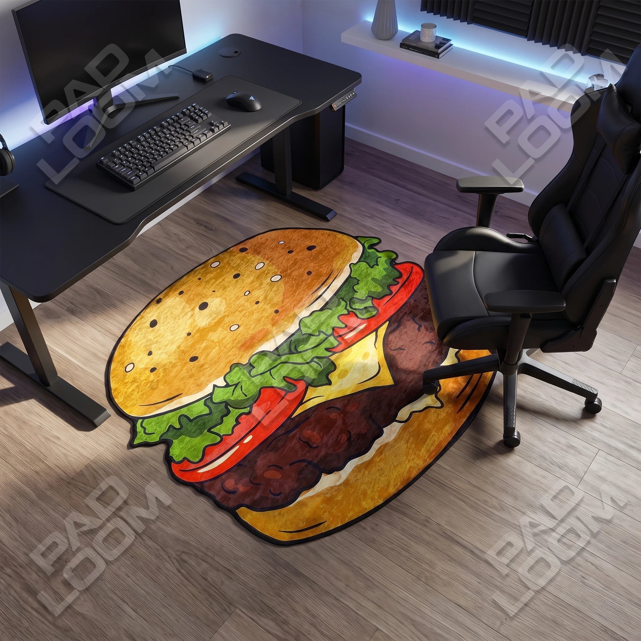Hamburger shaped rug shown in a room setting