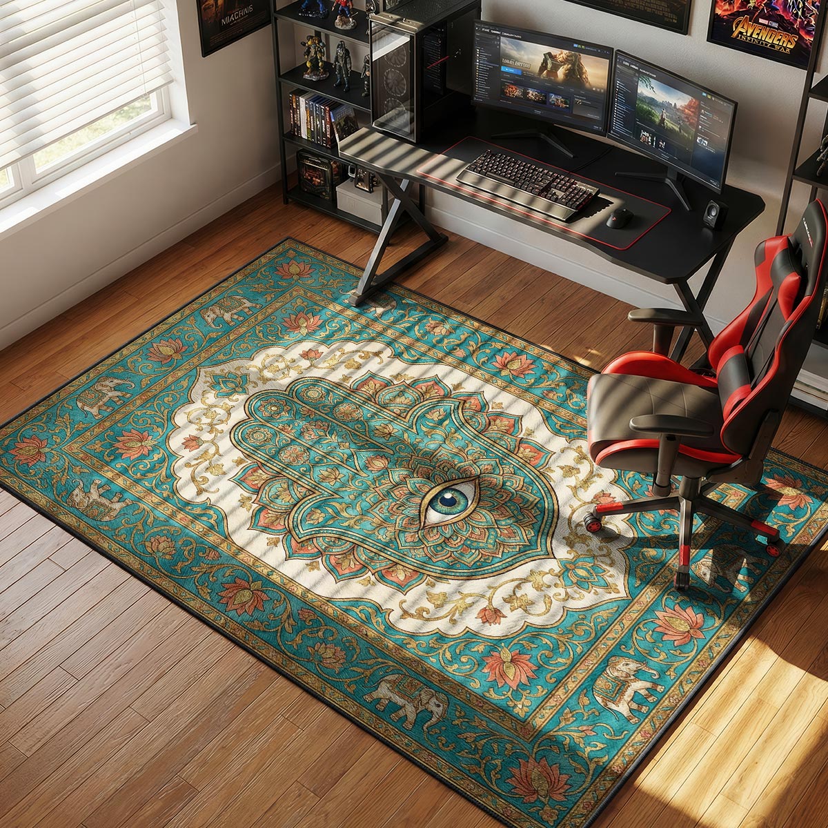 Hamsa evil eye rug placed at a bright entryway with plants and natural wood console table