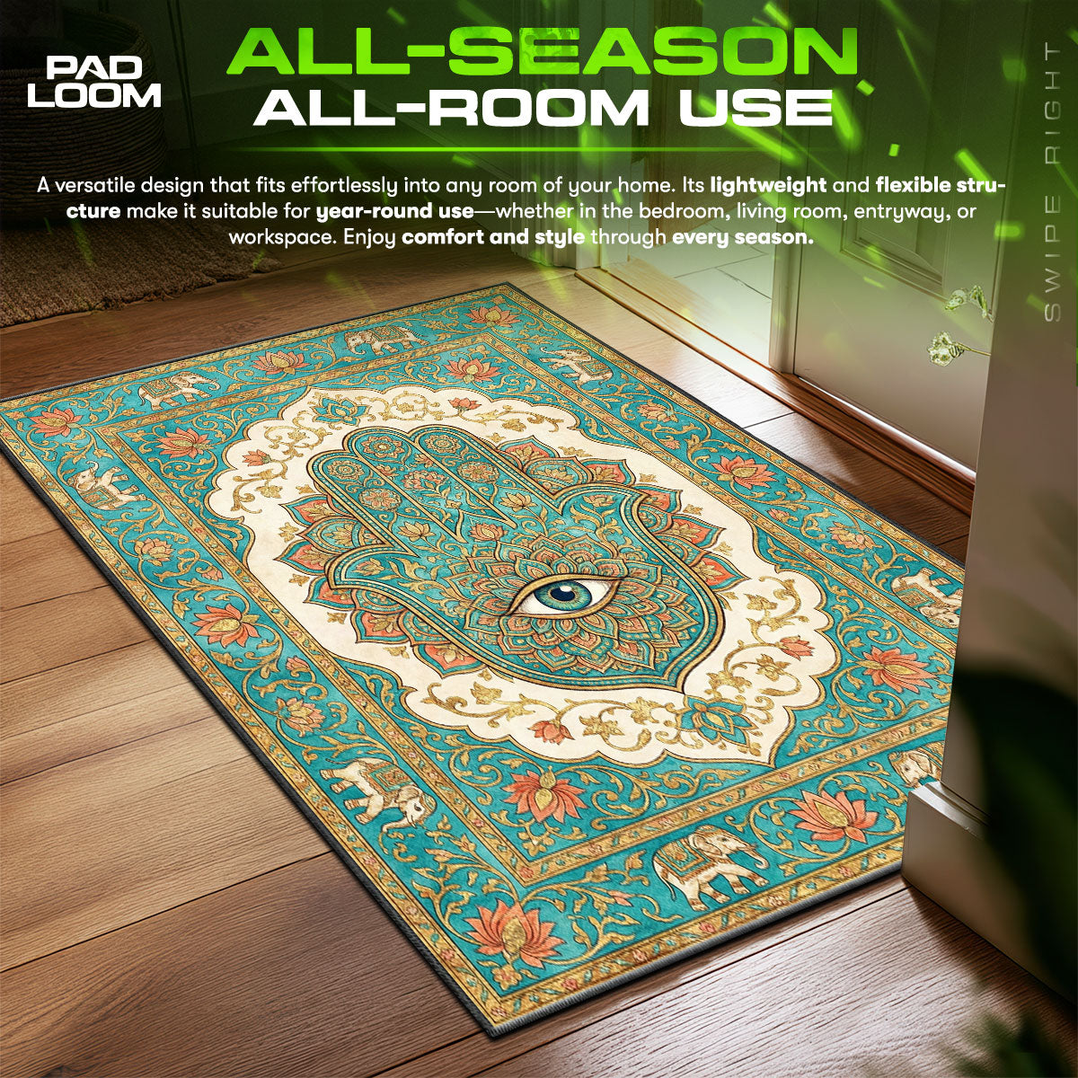 Detailed close-up of Hamsa rug pattern