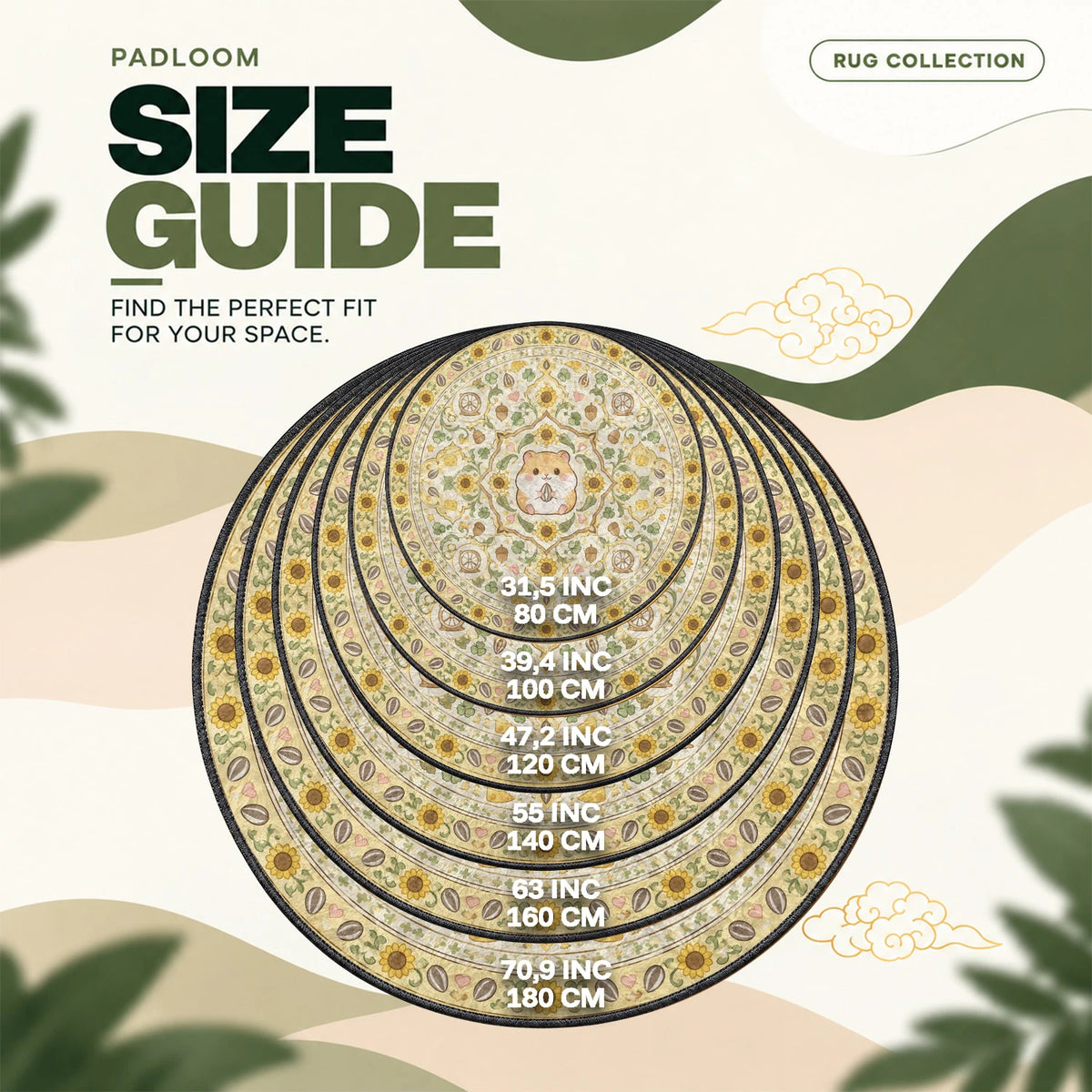 Hamster Snacking round rug size guide, 80 to 180 cm (31.5 to 70.9 in)