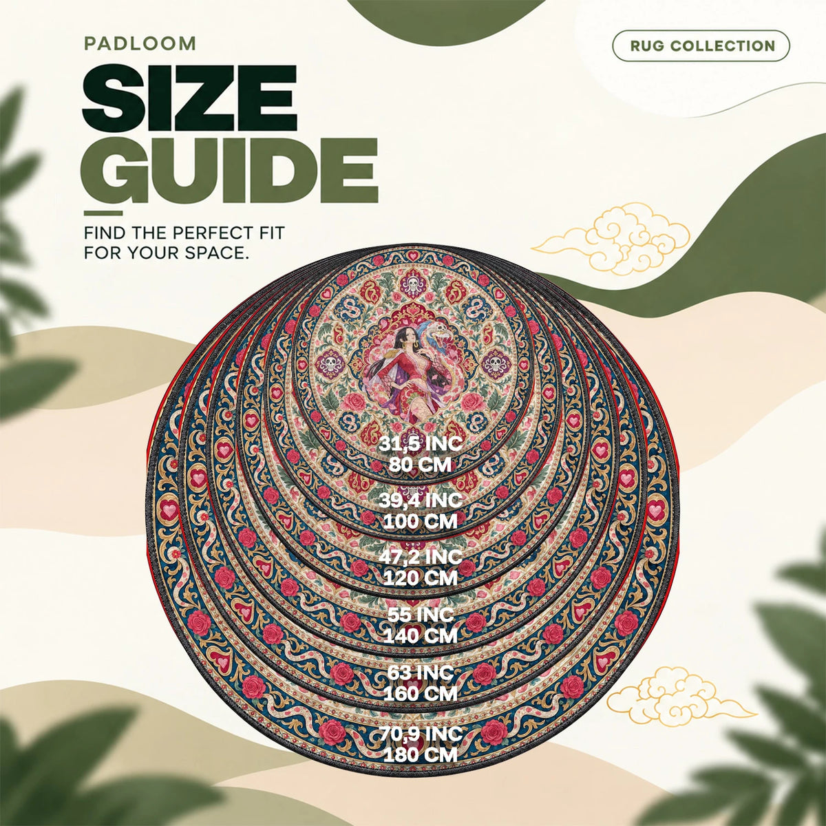 Hancock Serpent round rug size guide, 80 to 180 cm (31.5 to 70.9 in)