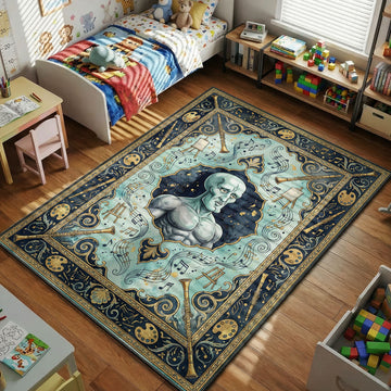 Close-up of Handsome Squidward rug showing gold clarinet border detail on velvet fiber