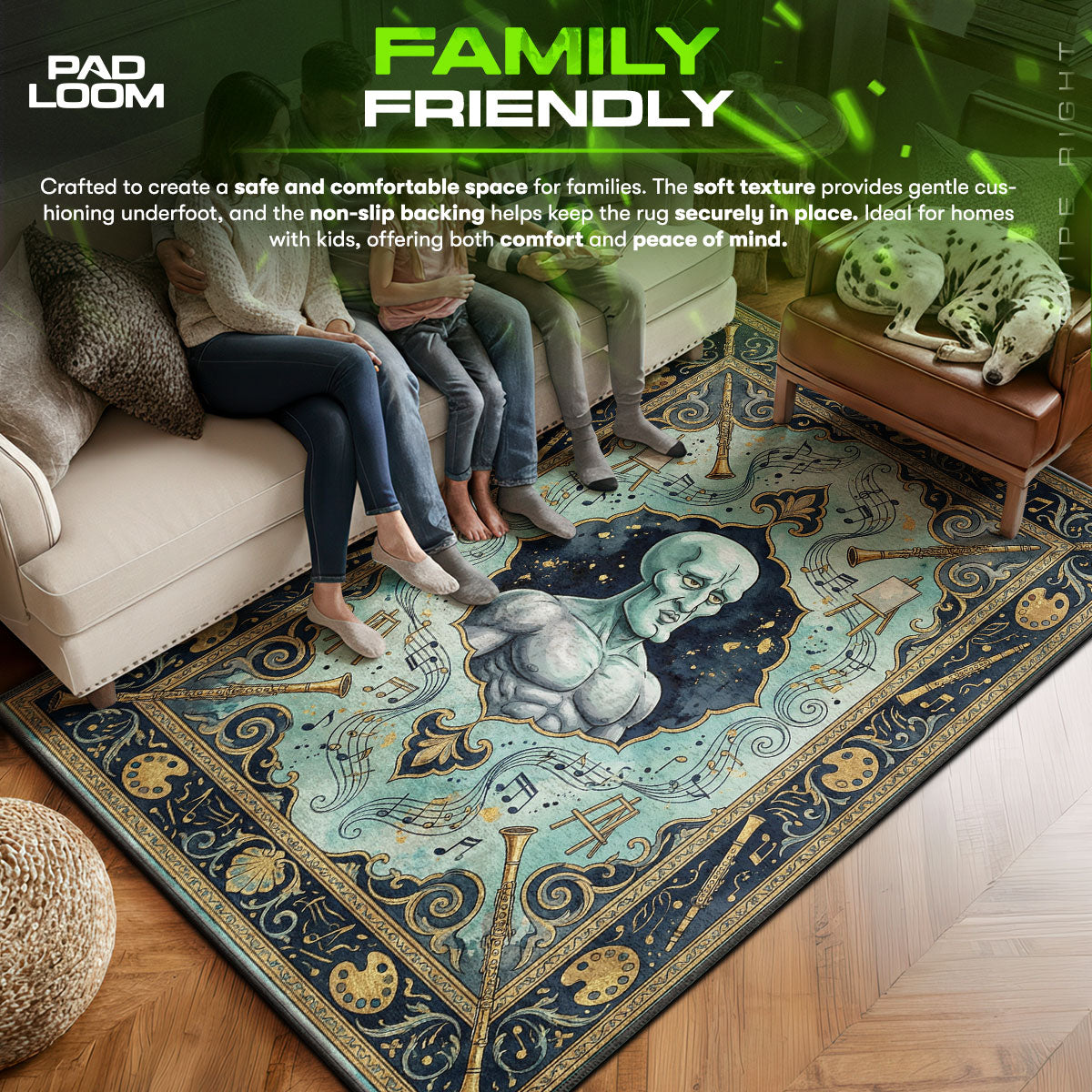 Handsome area rug showing full home decor artwork