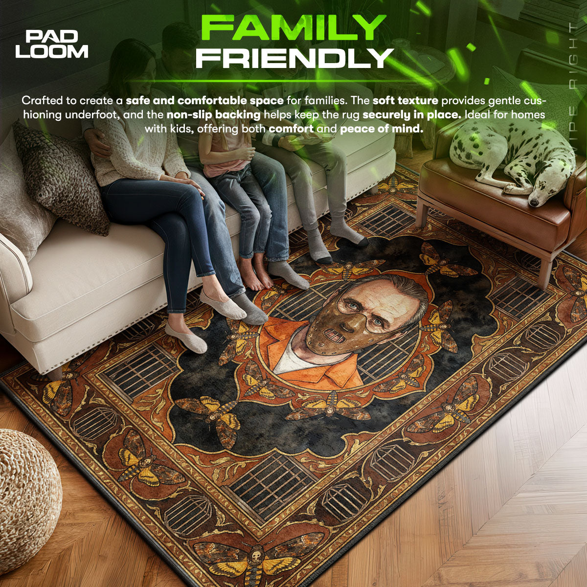 Hannibal area rug showing full home decor artwork