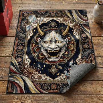 Japanese Hannya mask area rug with white demon face serpents broken mirrors and chrysanthemums