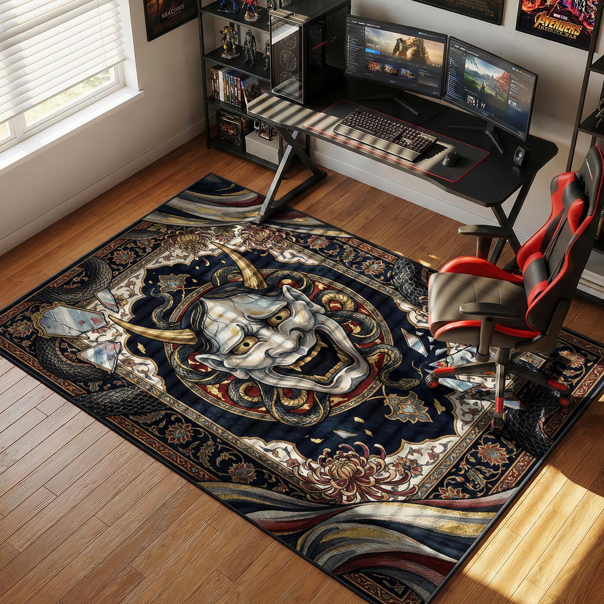 Hannya mask rug placed in a dark art-focused room with Japanese masks and moody blue lighting