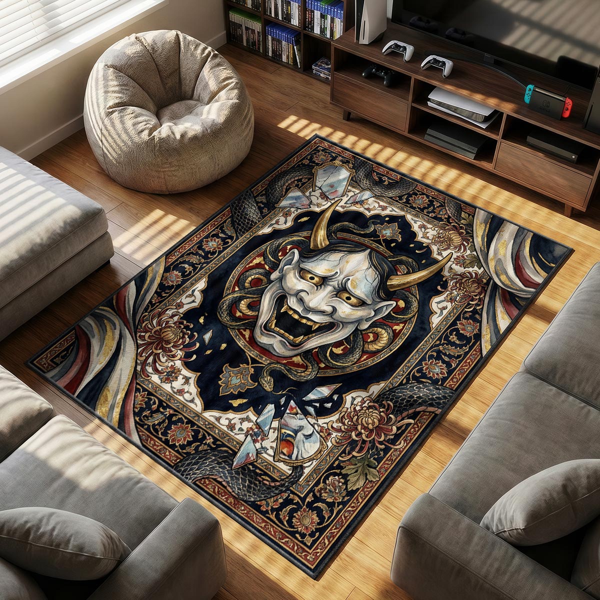Detail of Hannya rug showing gold kintsugi crack and serpent scale on dye-sublimation velvet