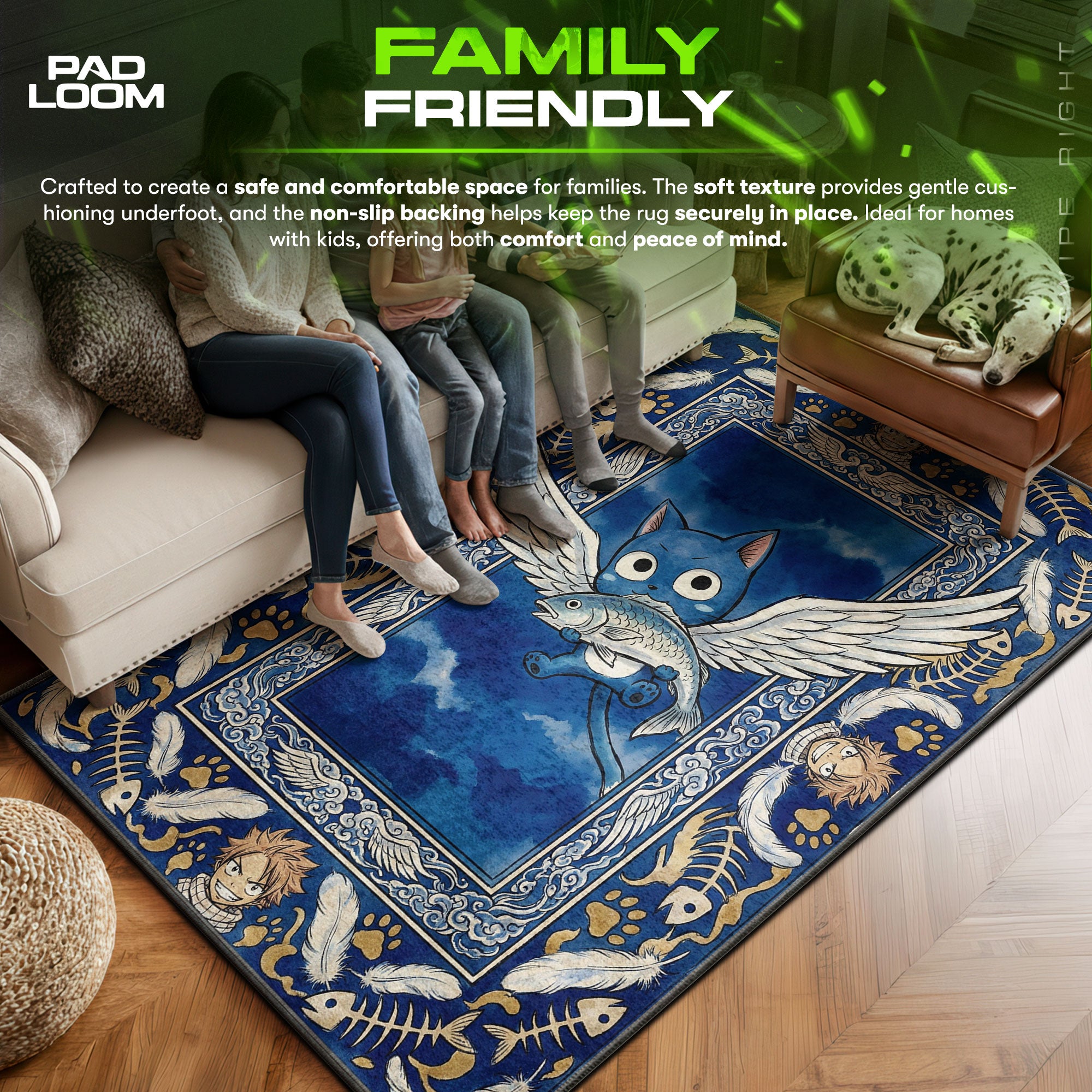 Happy area rug showing full home decor artwork