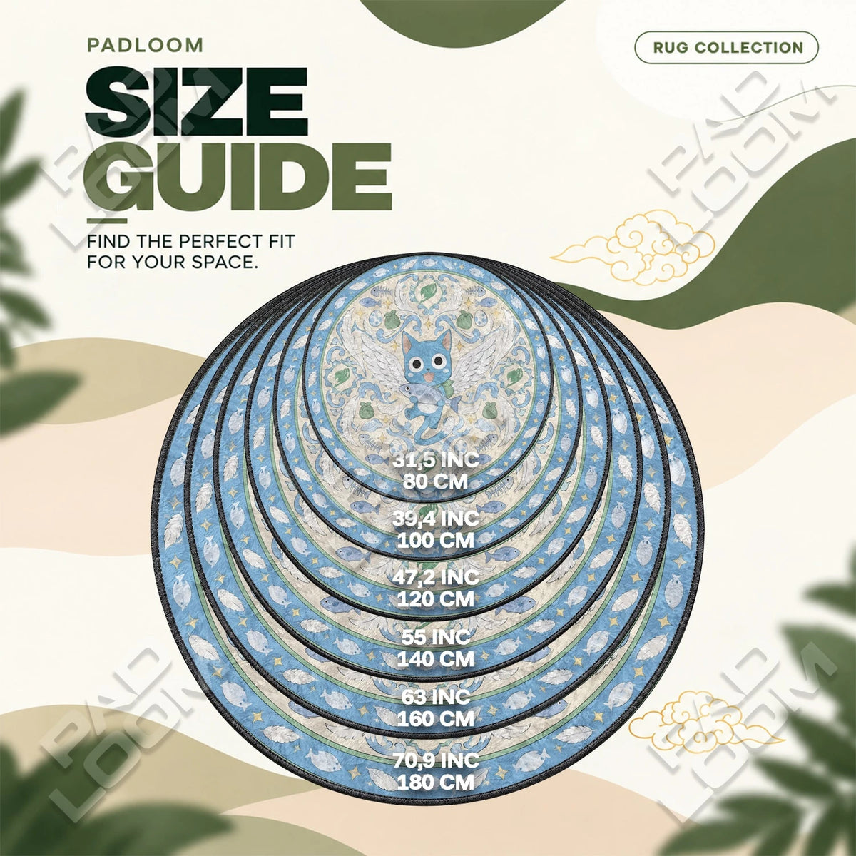 Happy Flying round rug size guide, 80 to 180 cm (31.5 to 70.9 in)