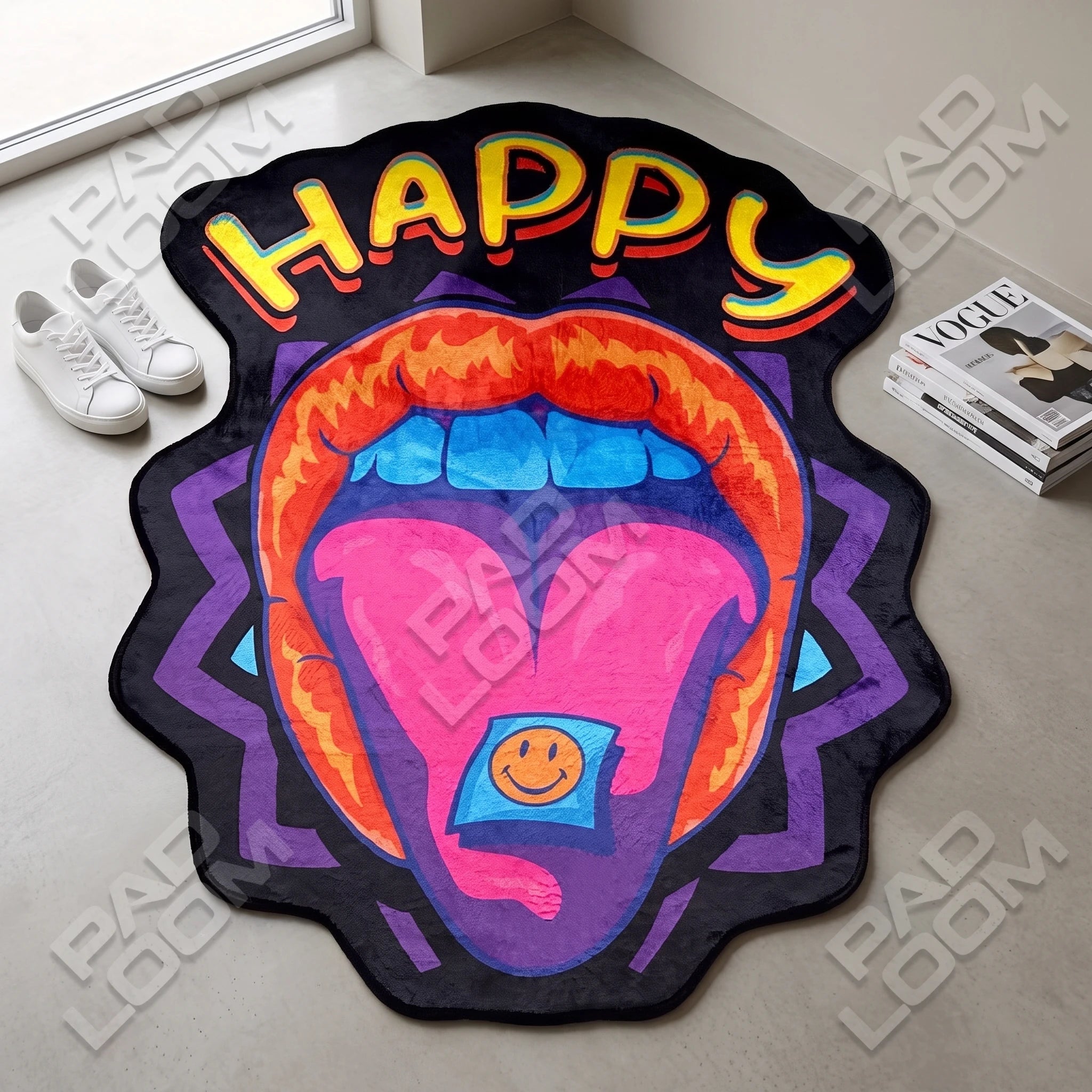 Happy Mouth shaped rug shown in a room setting
