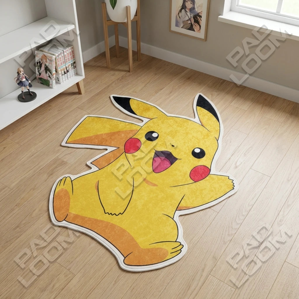Happy Pikachu shaped rug shown in a room setting
