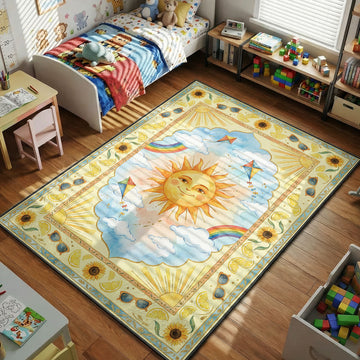happy sun rainbow rug with kites clouds sunflowers kids room decor