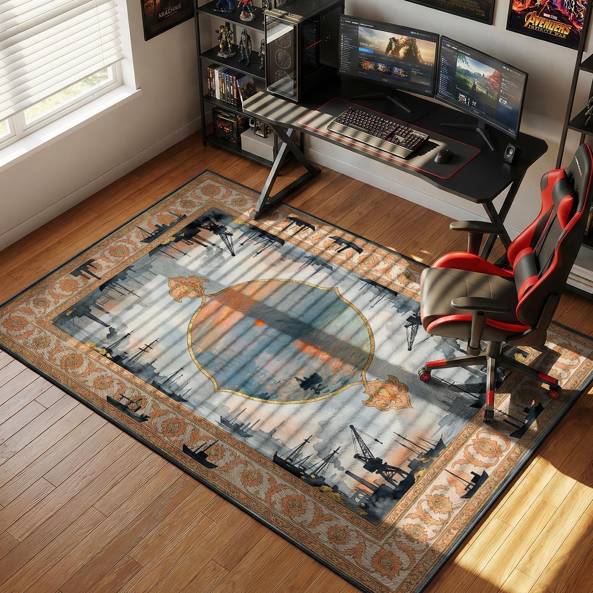 Harbor sunrise rug placed in a living room with gray walls and linen furniture under soft light