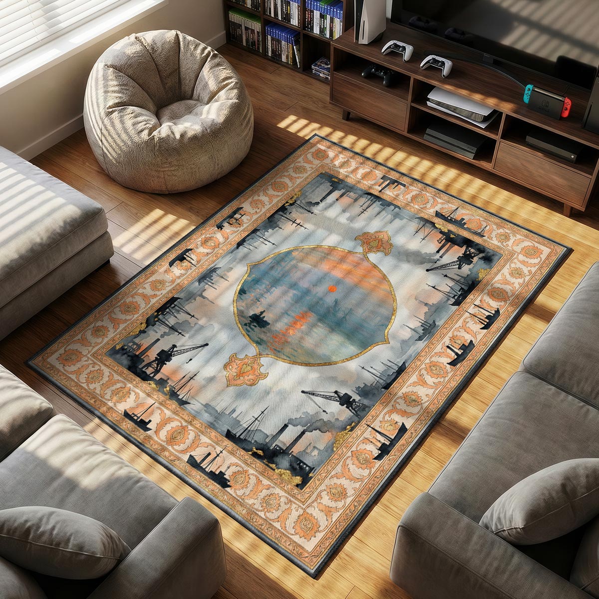 Close-up of harbor sunrise rug showing brushstroke sun reflection and dye-sublimation print quality