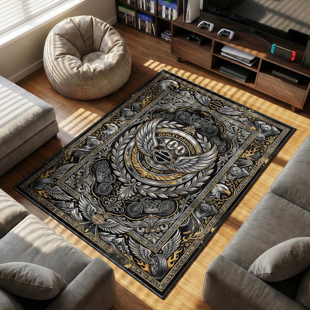 Harley Davidson themed area rug for home decor fans