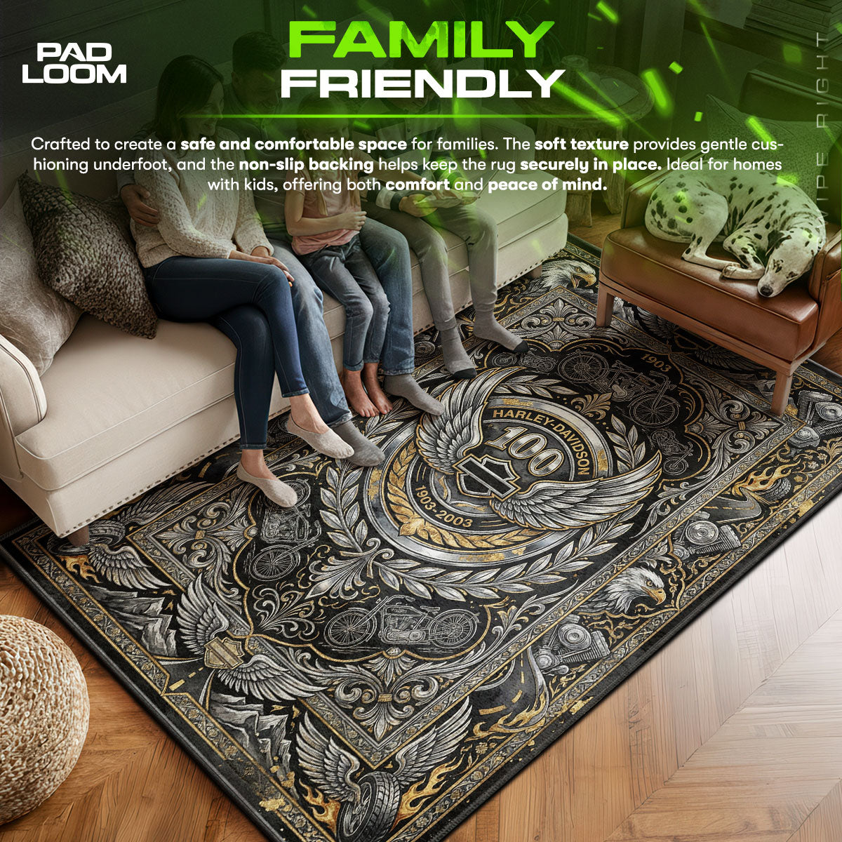 Harley area rug showing full home decor artwork