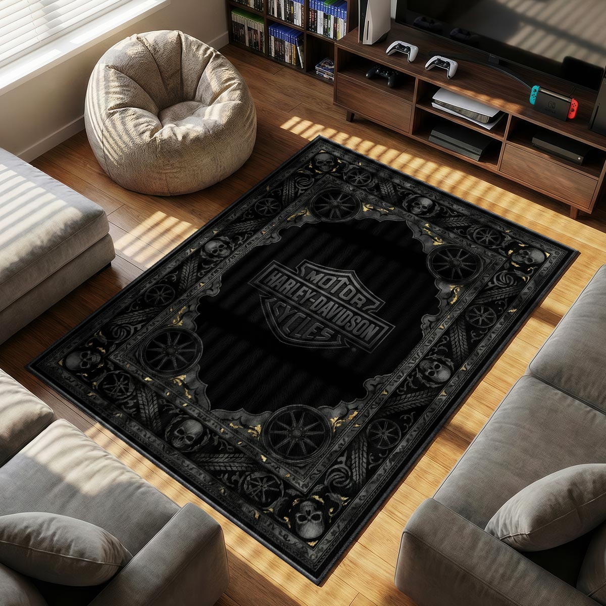 Harley-Davidson Black Skull Rug - Biker Floor Mat