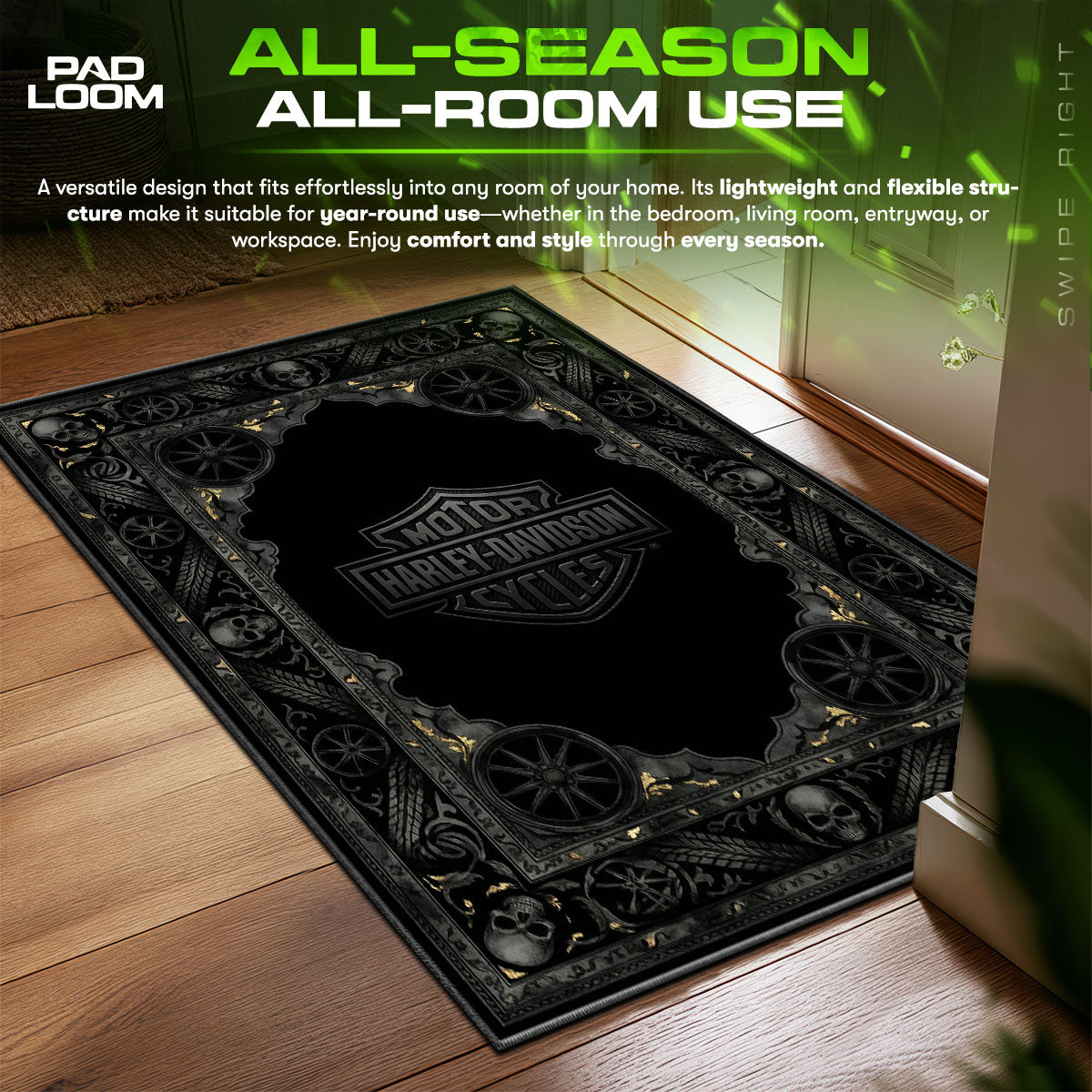 Harley-Davidson Black Skull Rug - Biker Floor Mat