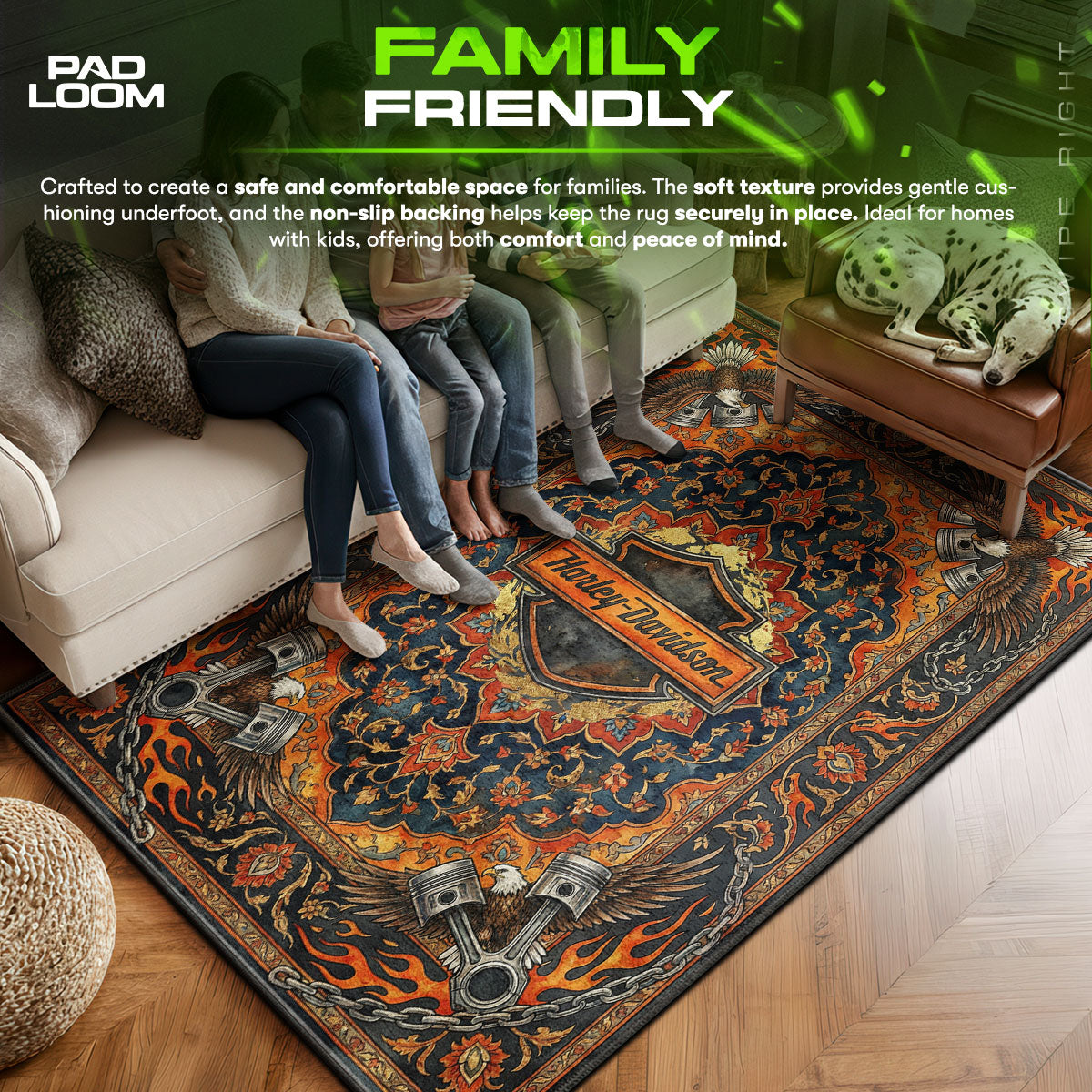 Harley area rug showing full home decor artwork