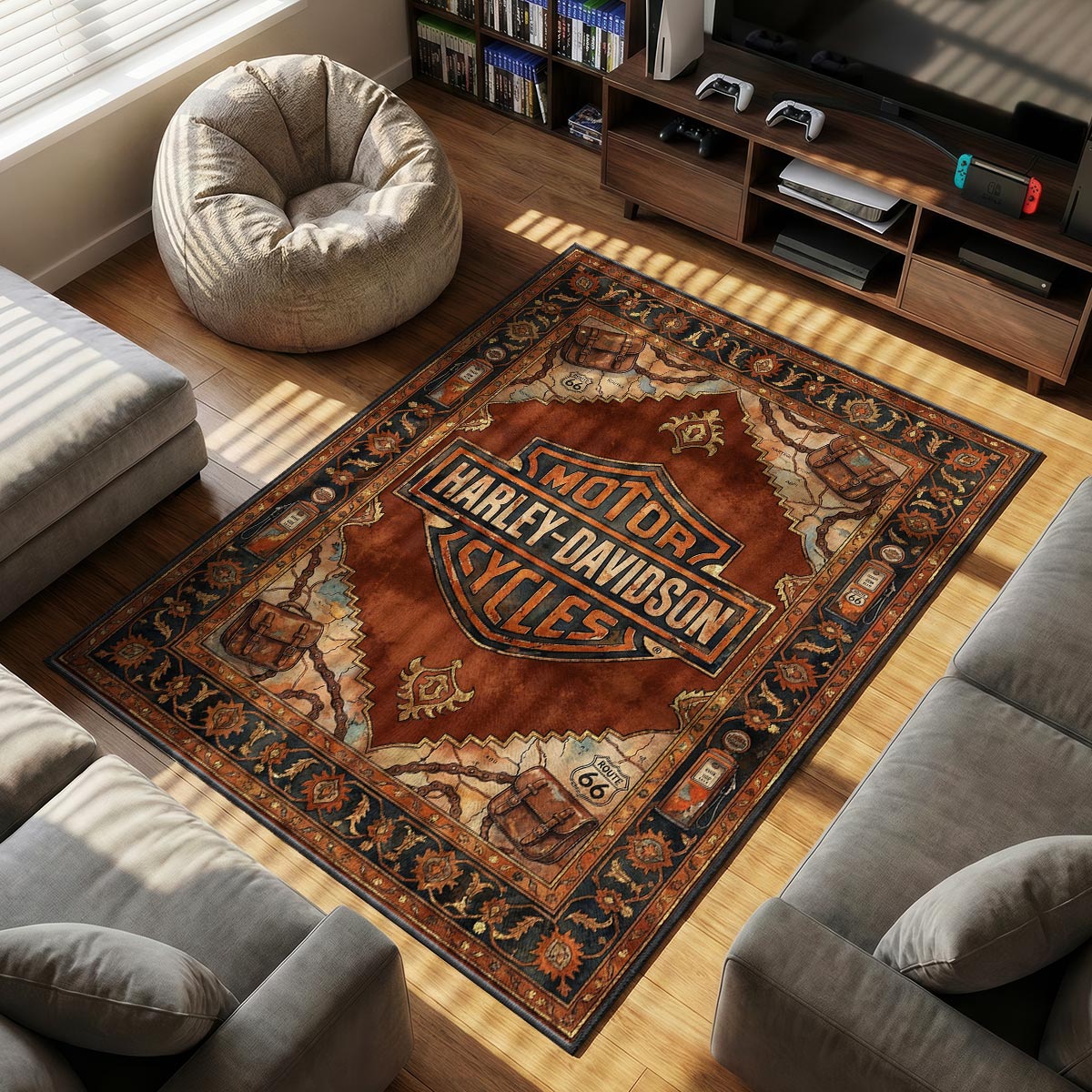 Harley Davidson themed area rug for home decor fans