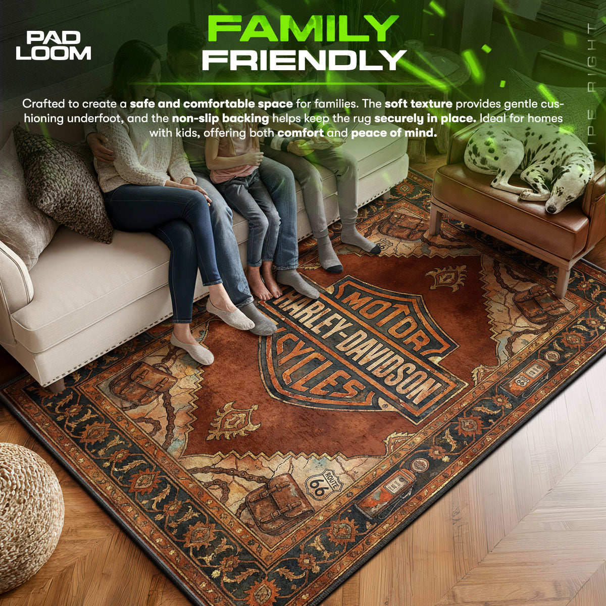 Harley area rug showing full home decor artwork