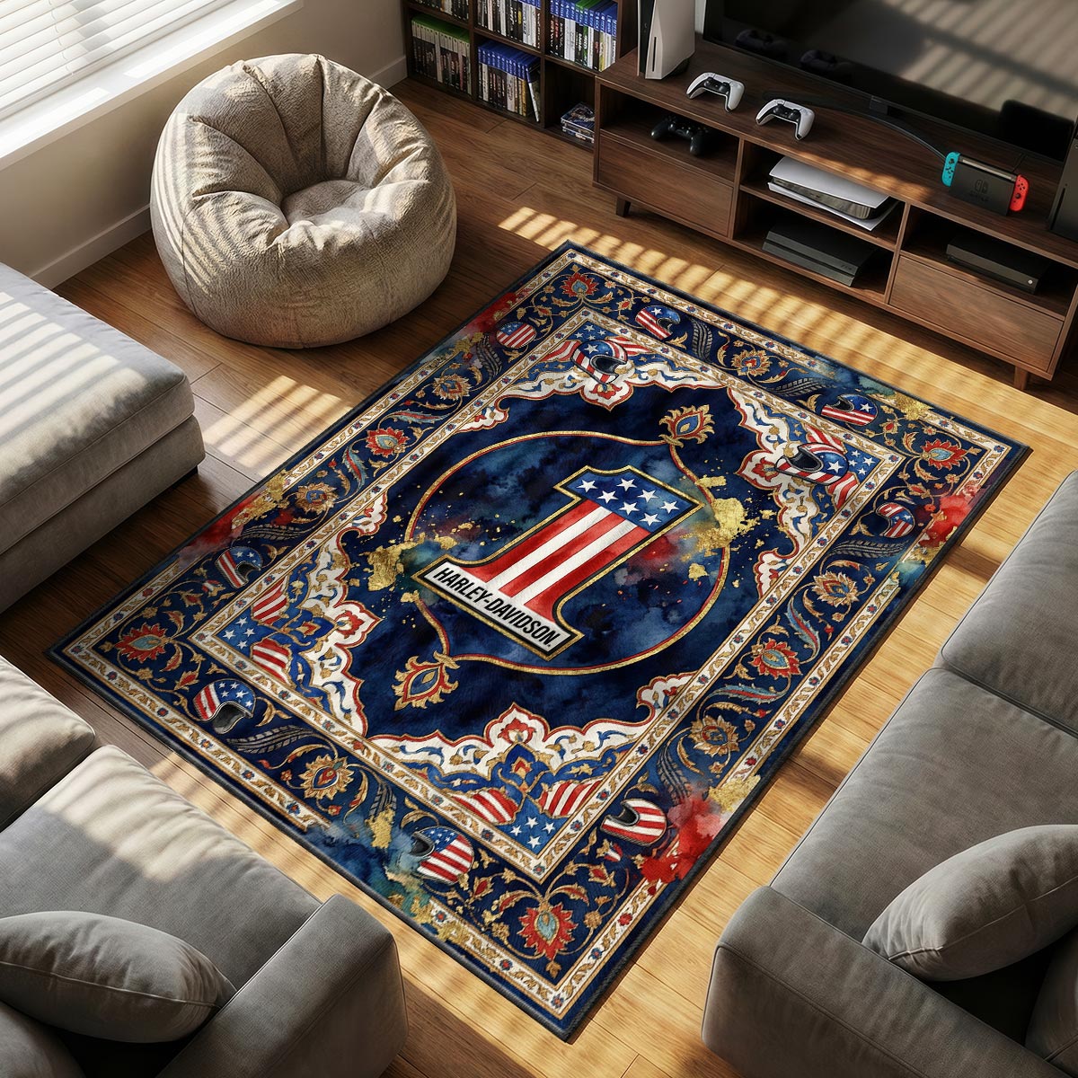 Harley Davidson themed area rug for home decor fans